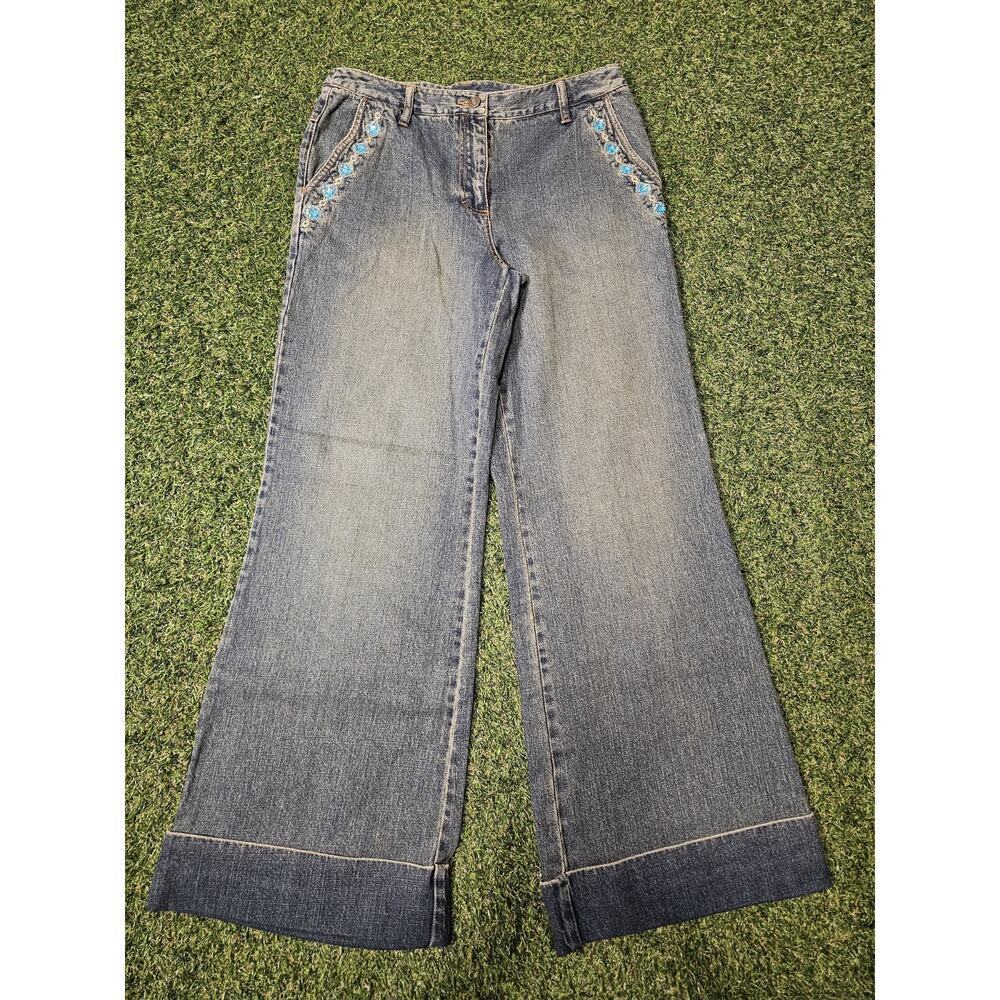 90's VTG Denim Super Wide Leg, Jeanology Collection Jeans Sz 10 Beaded Jeweled